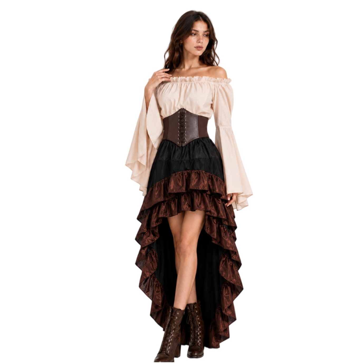 3Pcs Medieval Pirate Costume - Elizabeth Rose Embroidery Corset Ruffled Outfit